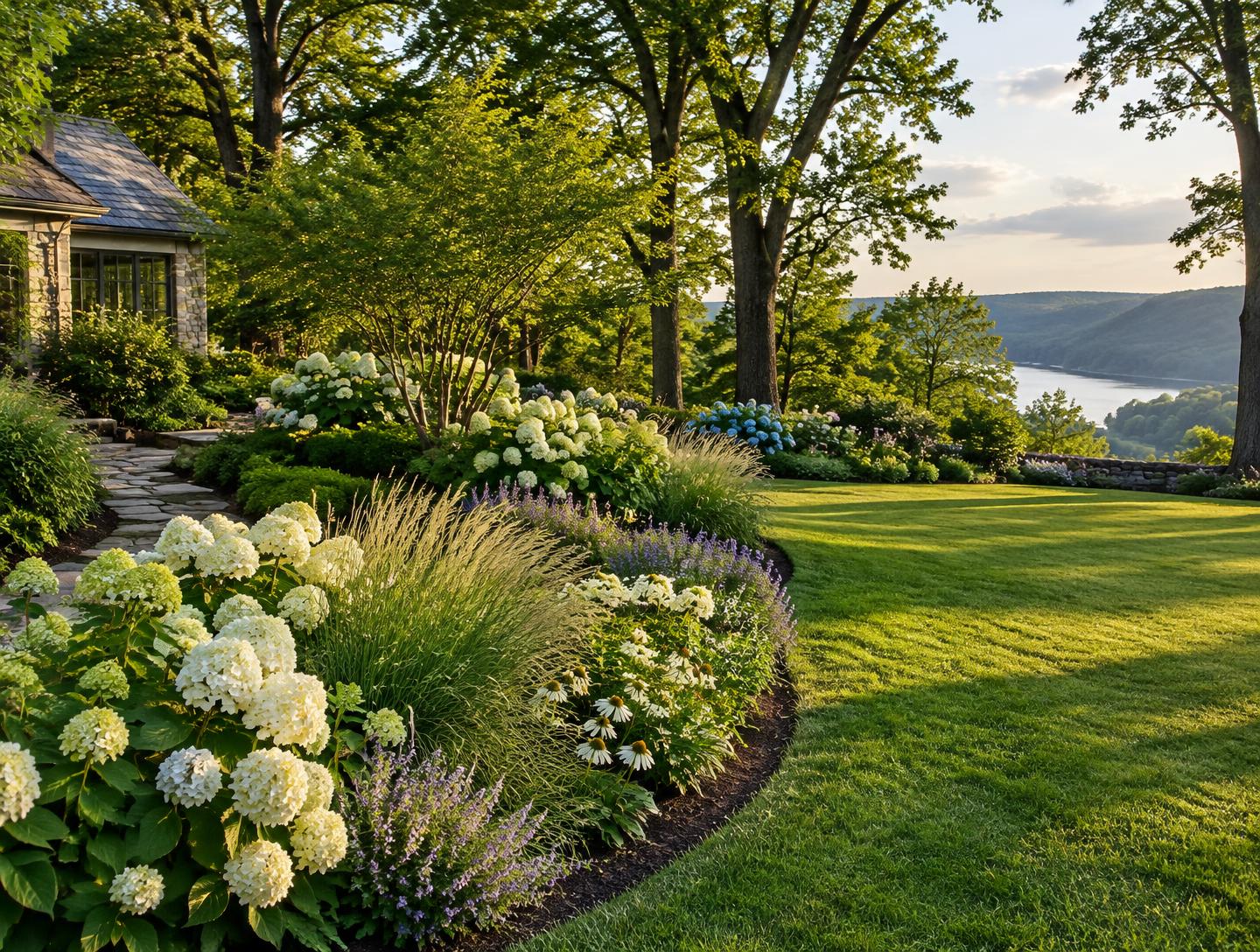 Illustrative garden with hydrangeas and a neatly cared-for lawn